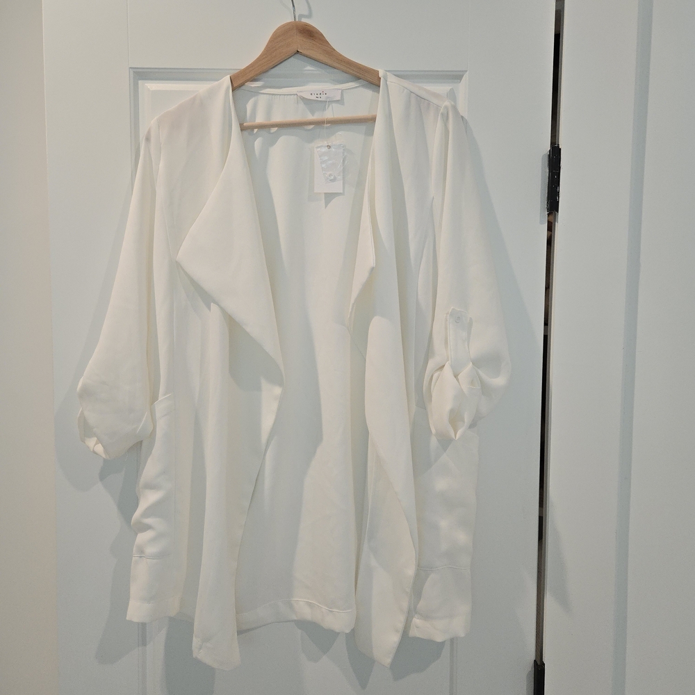 Elodie White Open Front Drape Cardigan Jacket – Size Small (NWT)